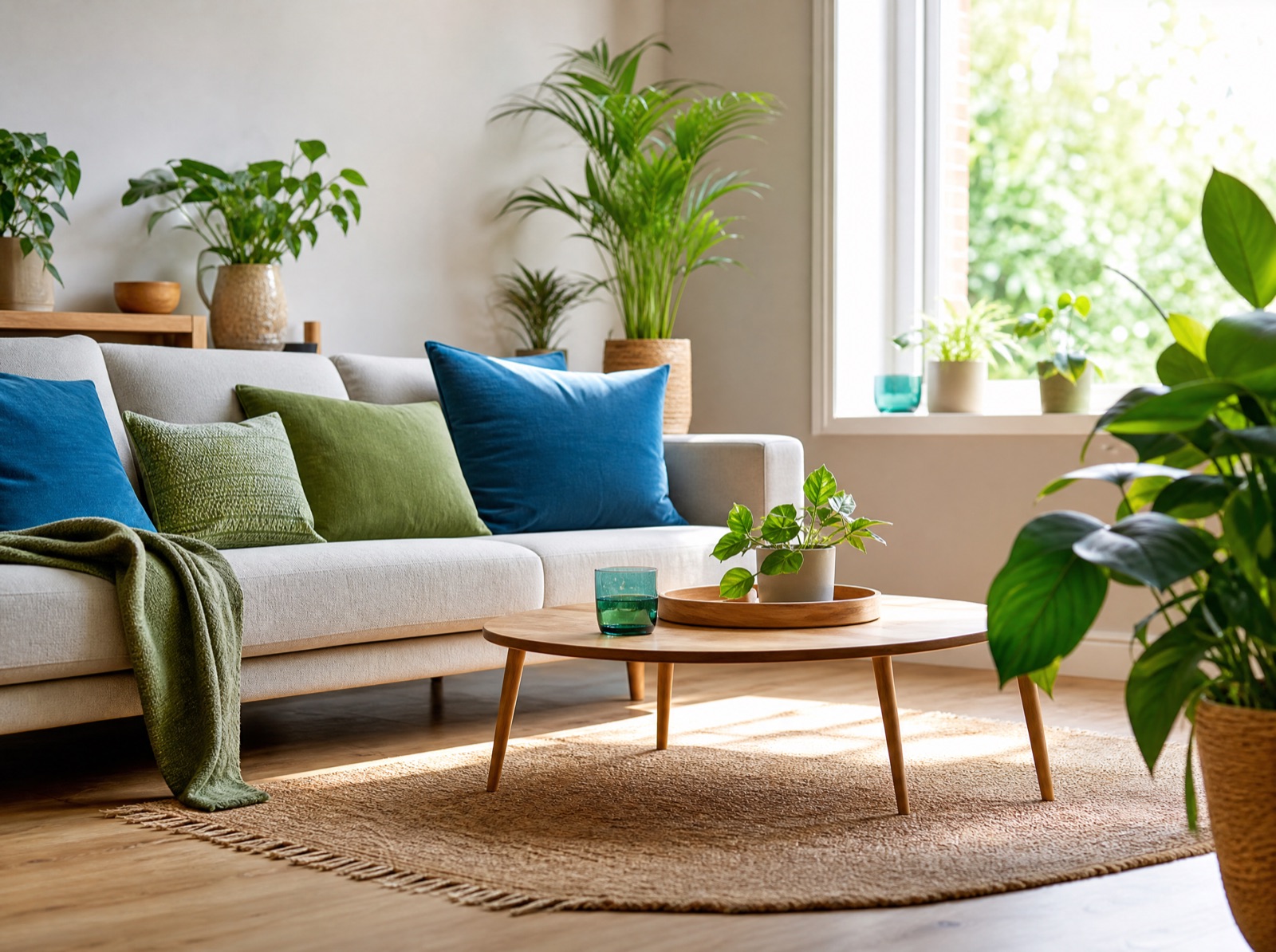 Ein helles, freundliches Wohnzimmer mit Sofa, Kissen in Blau und Grün und Pflanzen – ein sicherer Ort, ohne Personen.